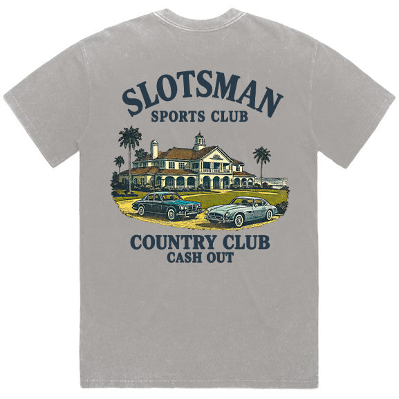 Gray t-shirt with a graphic of a country club and text on a white background