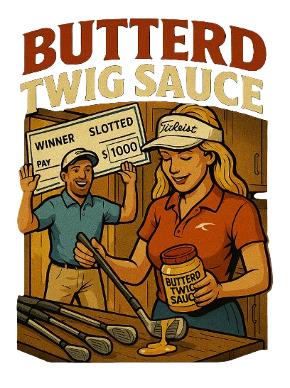 Illustration of a woman holding a jar of 'Buttered Twig Sauce' with a man holding a check