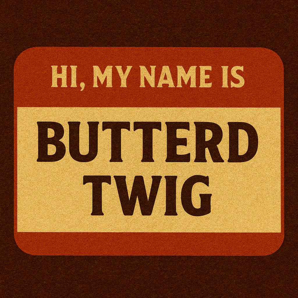 Name tag with 'Hi, My Name is Butterd Twig' text on a brown background
