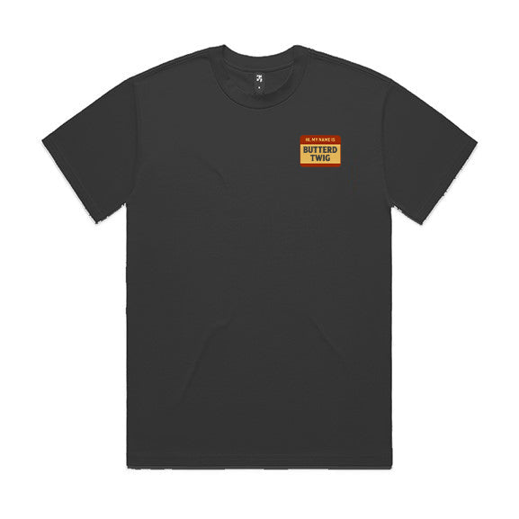 Black t-shirt with a small butterd Twig Logo 