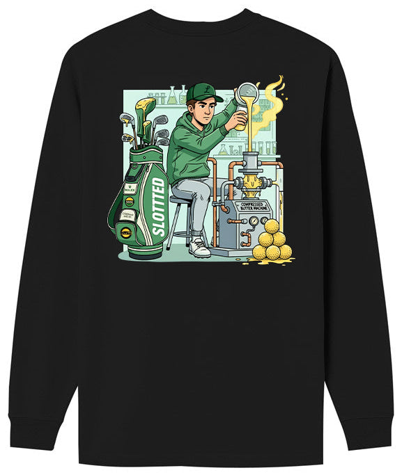 Black Compressed Butter Technician long-sleeve shirt with a graphic of a person in a green jacket Buttering balls 