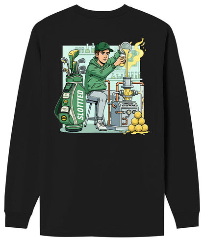 Black Compressed Butter Technician long-sleeve shirt with a graphic of a person in a green jacket Buttering balls 