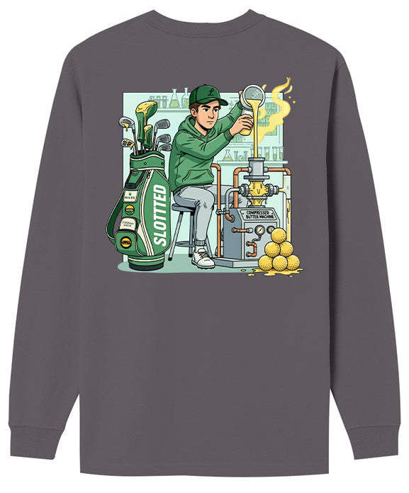 Dark grey long-sleeve shirt with Compressed Butter technician Graphic on the back 