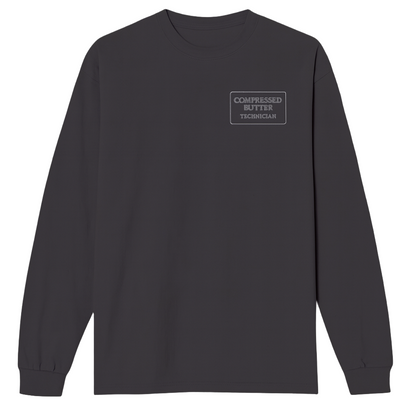 Dark gray long-sleeve shirt with a logo on the chest- Compressed Butter technician 