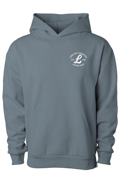 Blue magic coloured Cozy Stick Show hoodie with a logo on the chest 