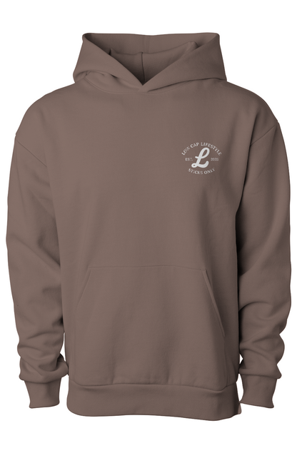 Clay Coloured Cozy Stick Show hoodie with a logo on the chest 
