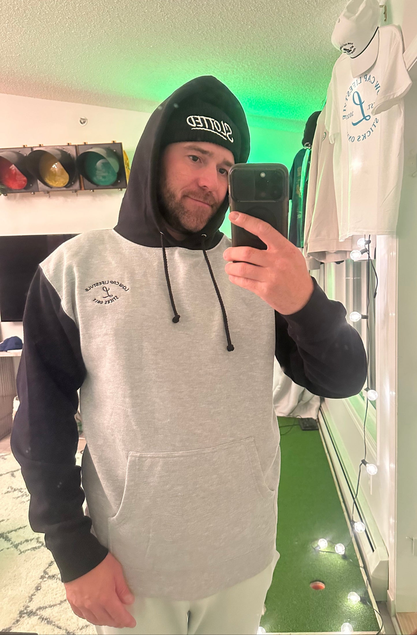 Sean wearing the heavy weight slotter hoodie 