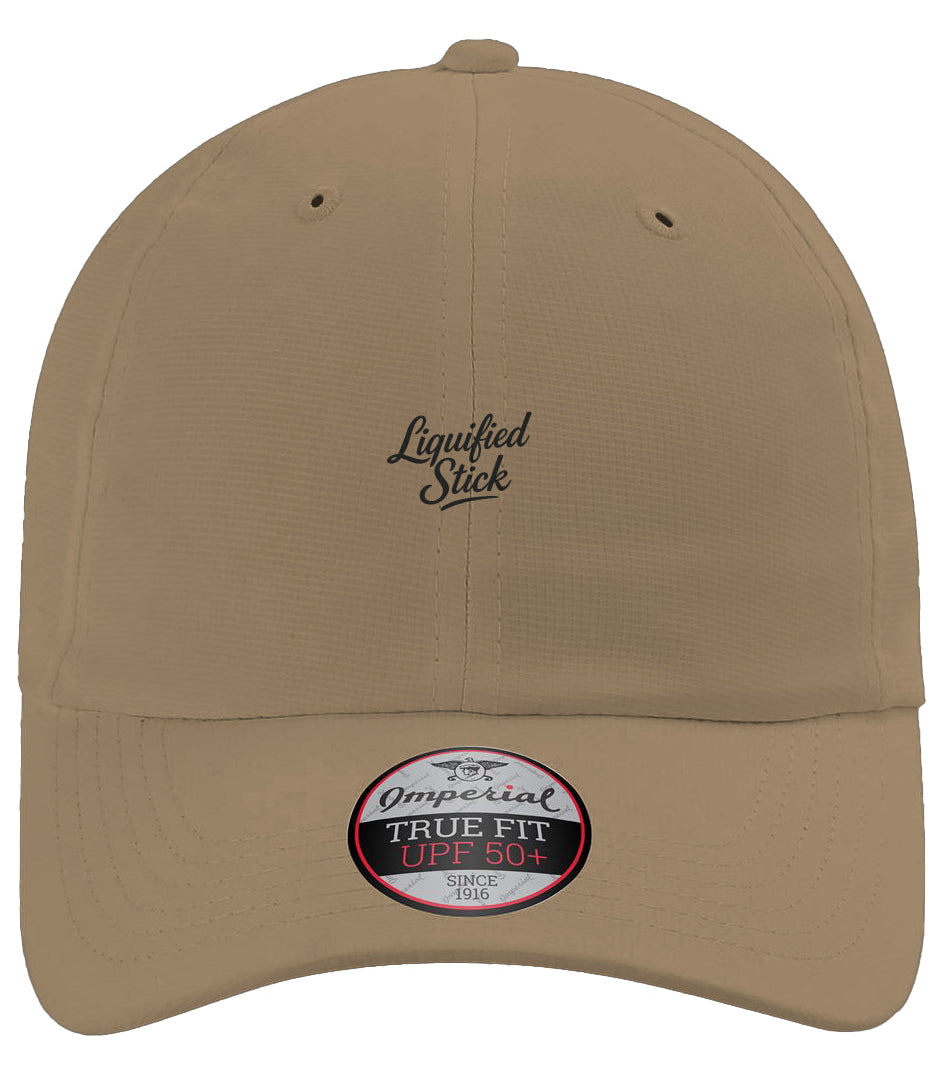 Beige cap with embroidered Liquified Stick 