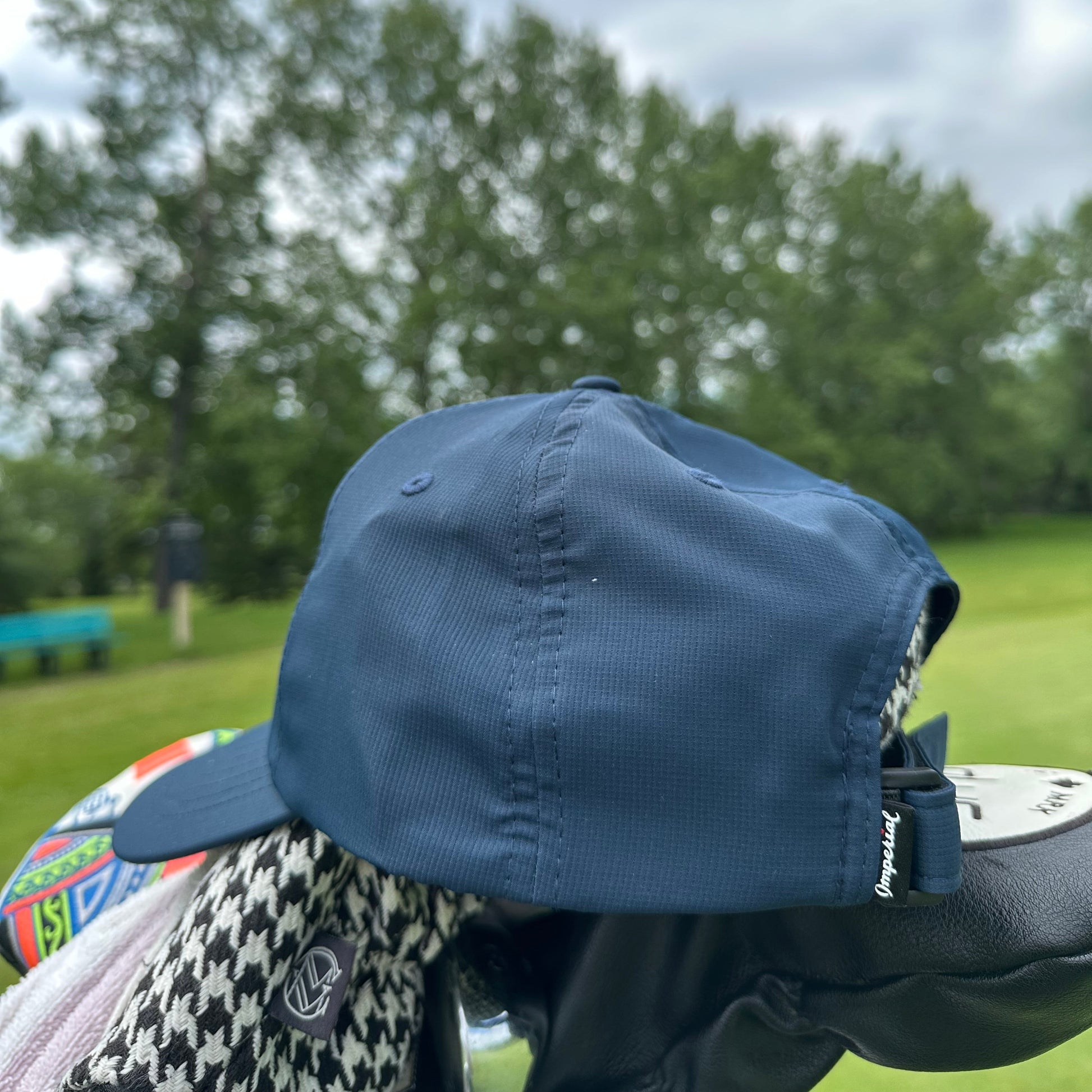 Blue cap on a golf club with a blurred green and blue background