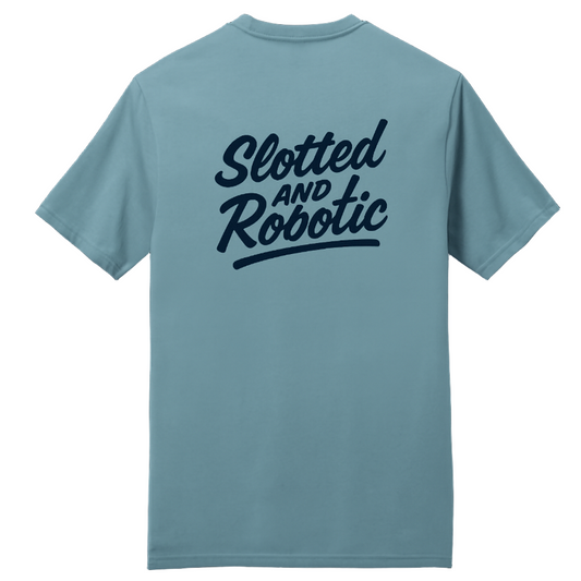 Slotted and robotic tee, Blue fog colour.