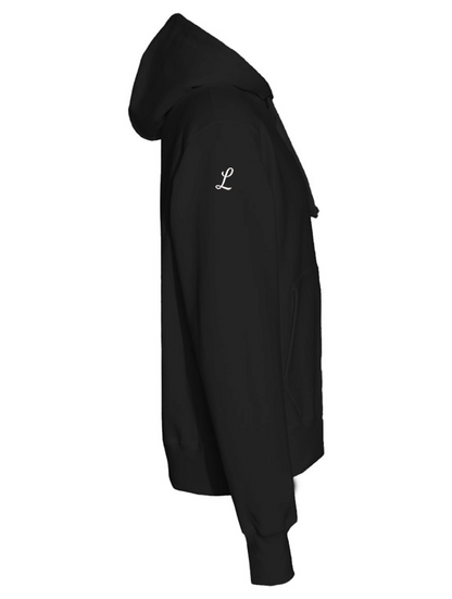 Black hoodie with a small L logo on the sleeve against a white background