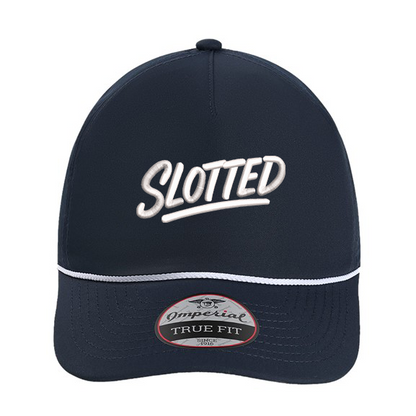 Slotted Cash piece hat in navy with white stiching 