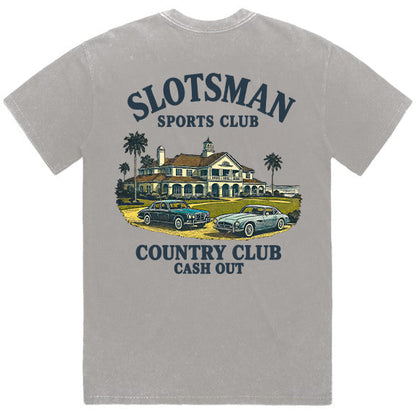 Gray t-shirt with a graphic of a country club and text on a white background